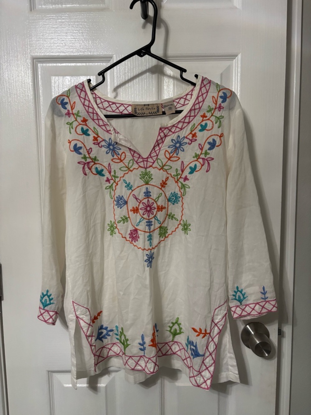 White 100% cotton Embroidered Boho Tunic Top with Multicolor Floral Stitching